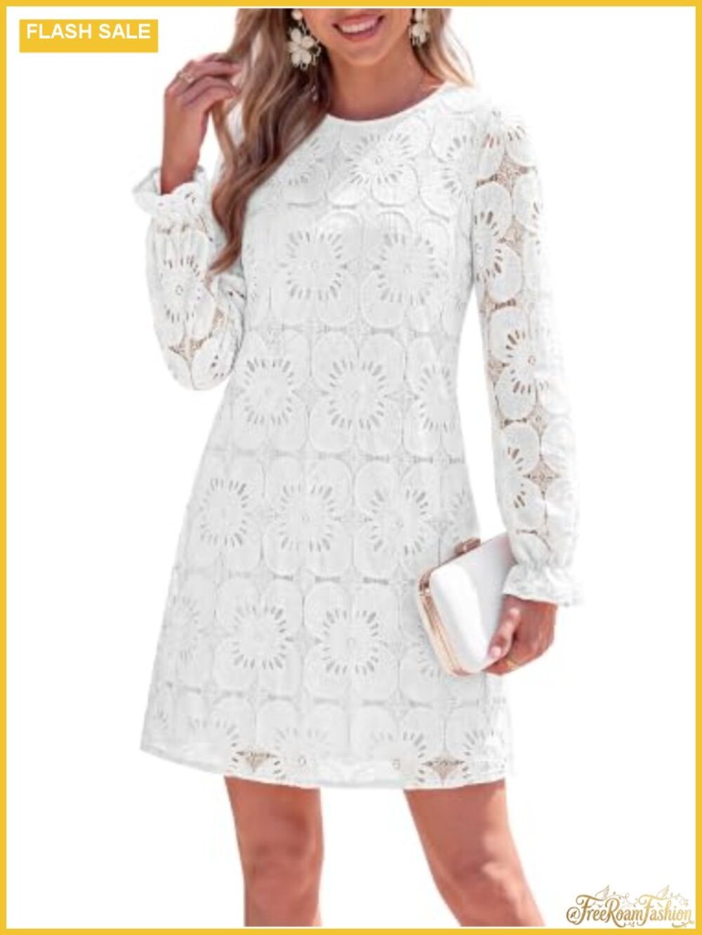 Long Sleeve Crochet Floral Eyelet Lace Mini Dress